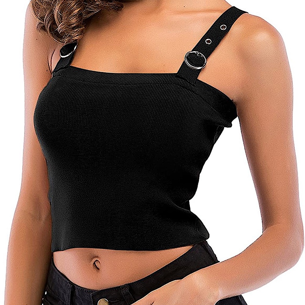 NWOT Ribbed Knit Black Crop with Buckle Straps